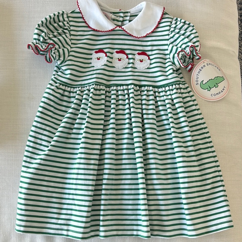 Green Striped Dress with Santa Appliqué